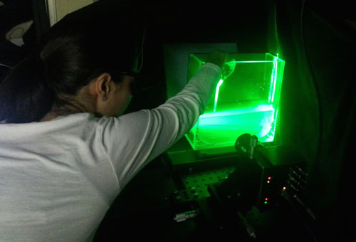 Kakani Katija has also been using lasers, cameras, and special imaging software in the lab on the ship to make detailed measurements of the body morphology and fluid flow around midwater organisms, such as tomopterid worms, larvaceans, and a variety of jellies.