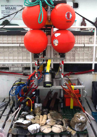 Scientists secured a number of whale bones to the platform underneath the camera (silver cylinder in the center). These bones were collected previously and are being returned to the sea.
