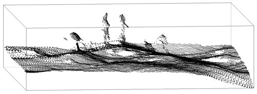 3-D visualization of the AUV's individual sonar soundings of the same area. This visualization is particularly effective for imaging the hydrothermal chimneys.