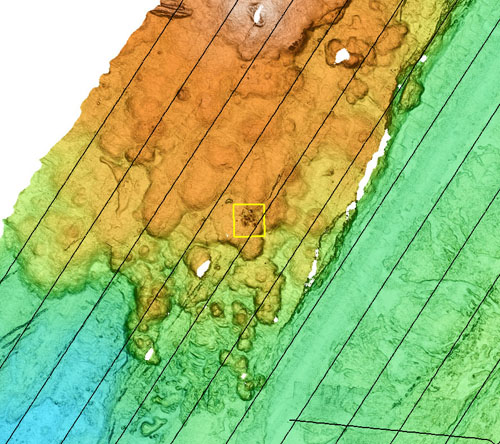 Area of the Alarcon Rise where there is a likely hydrothermal vent field. The black lines running diagonally across the image are the AUV's navigation tracks. The image below is a close-up of the area framed by the yellow square in the image above.