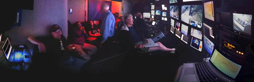 This panorama shows a typical scene in the control room. From left to right: Peter Walz, Xin Zhang, Victoria Orphan, Peter Brewer, Marko Talkovic, Ed Peltzer, Knute Brekke. Note: Peter Walz cheered up later in the day.