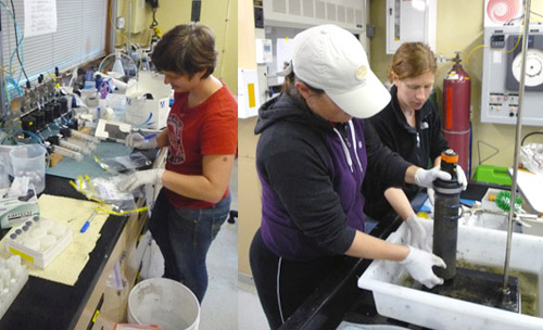 All of those push cores mean lots of work for Victoria Orphan's lab. They slice the cores and process them for pore water and isotopic analysis. They also do molecular analysis on the microbes in the samples. Left: Kat Dawson labels whirl packs in anticipation of the sample deluge. Right: Victoria and Ally Pasulka extrude the sediment from a push core.