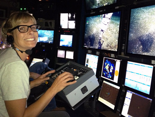 Shannon Johnson of MBARI's Molecular Ecology Lab directs sampling efforts at one of the dense fields of Ectenagena elongata clams. One great aspect of using ROVs for deep-sea research is that the entire science party can view, interact, and engage during the dive, thus making the entire operation more efficient and successful.