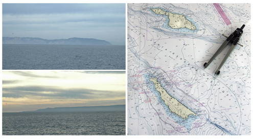 Top left: Santa Catalina off the port bow. Bottom left: And San Clemente off the starboard. Right: Nautical chart showing the Outer Santa Barbara Passage through the Channel Islands. The right point of the compass indicates the location of today’s sampling station.