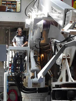 Second Mate Miriam Anthony controls the crane during the afternoon ROV recovery.
