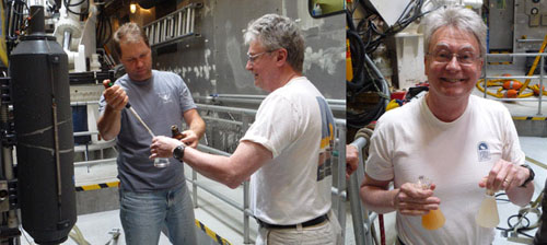 Left: Senior Research Technician Peter Walz and Senior Research Specialist Ed Peltzer (doing “old school oceanography”) perform the Winkler method on the water samples. You can see the Niskin bottle on the ROV on the left. Right: Ed holds the resulting titrations from one shallow depth (13 meters) and a deeper sample (650 meters). Can you guess which is which? (see below for answer)