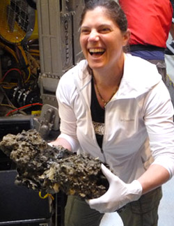 Victoria holds her prize rock! The site had carbonate beneath much of the sediment, which made collecting push cores difficult. As Victoria says, “When life give you rocks, sample them.”