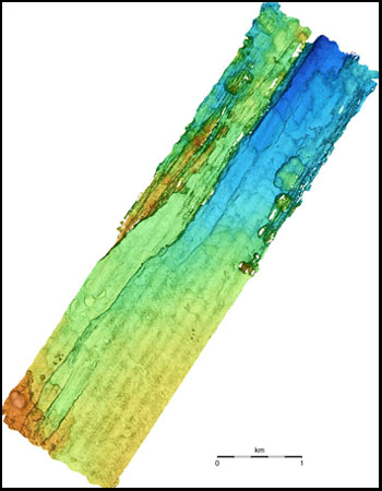 The high-resolution bathymetry map above was generated from one of four AUV surveys of the seafloor at the Alarcon Rise in the Gulf of California. The area shown is approximately 12 square kilometers (4.63 square miles).