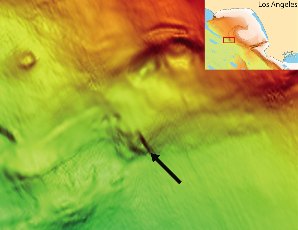 This image shows a map of the survey region in detail. Dives were conducted at 650 meters (2,100 feet) depth about 24 kilometers (15 miles) off Santa Monica. The survey region is visible as a red box on the inset map. The black arrow on the survey map shows an area that was surveyed in great detail and proved to be very interesting to the science team. See below for a more detailed mosaic image of the clam and worm reef that we found here.