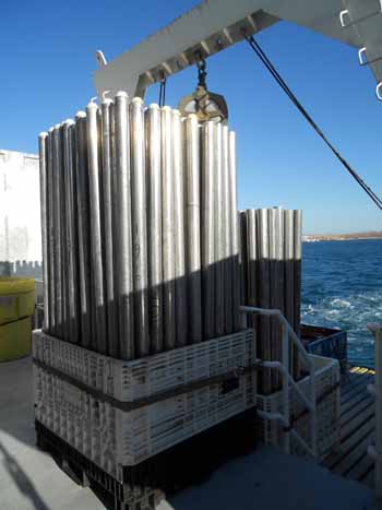 Cores on deck: 140 empty vibracore tubes are secured to the aft deck. The tubes are numbered serially from the time the vibracores were first used with the system.