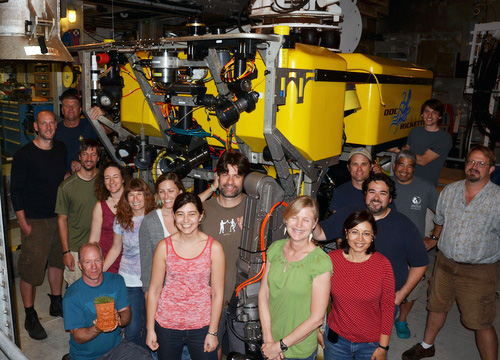 Group photo from Leg 2 (from left to right): Henk-Jan Hoving, Randy Prickett, Bryan Schaefer, Knute Brekke, Karen Osborn, Kyra Schlining, Meghan Powers, Stephanie Bush, Steve Haddock, Lynne Christianson, Rebeca Gasca, Mark Talkovic, Eric Martin, George Matsumoto, Ben Erwin, Erik Thuesen.