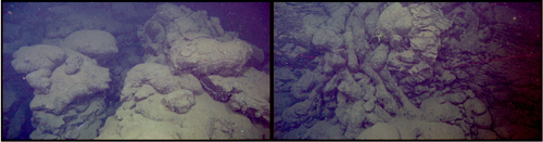 Left: An old flow is deeply fractured. Right: Three generations of volcanic events: A vertical wall of truncated pillow lavas in a fault scarp are veneered with drainage shelves from a flow that ponded against it and drained, and draped with elongate pillows of a later flow from above.