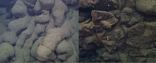 Left: Elongate pillows, which are long skinny tubes of solidified lava that generally form when lava flows downslope. Right: Truncated pillows, which are pillows that have been cut (or truncated) by tectonic movements of the seafloor. Note the radial pattern of the truncated pillows; this pattern forms as the lava is cooling.