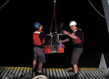 Steve Haddock amd Henk-Jan deploy the towed camera at night after the zooplankton trawl has been recovered. The glowing blue light is a lure.