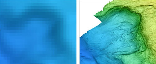 The blurry image at the left is all that could be seen of a pit in the seafloor in maps previously created with sonar mounted on surface ships. The image at right shows the exact same area at the same size, created with data collected with MBARI’s mapping AUV yesterday. Note all the details not previously visible. At its widest spot, this pit is about one kilometer (3,280 feet) across.