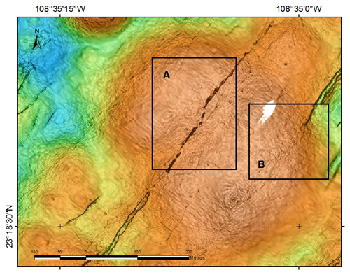 High-resolution AUV map showing an example of at least two generations of scarps. In (A), the fracture (only a few meters wide) cross-cuts the lava flow which made the volcanic cones. The fracture must have occurred after the cones formed. In (B), the fractures were overrun by the lava flow. The fracture must have existed before the cones formed, and therefore is older than the fracture in A.