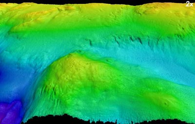 Perspective view from the west of Hydrate Ridge off Oregon, where methane hydrates have been found Image © 2001 MBARI