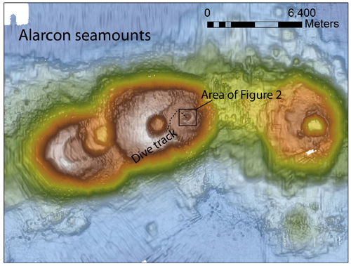 Figure 1: Alarcón seamounts showing today's dive track on the middle seamount, starting in a smaller crater (see below) and ending on the rim of a large caldera.