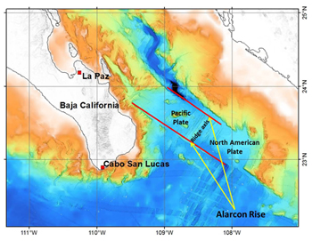 Simplified tectonic and bathymetric relief map of the southern Gulf of California. Map shows the overall geometry of the Alarcon spreading center and adjoining transform faults (shown in red). During our dives we’ve explored volcanic cones and fractures located along both the northwest and southeast sides of the ridge axis, corresponding to the Pacific and North American plates, respectively. Warm colors (orange) represent shallower depths whereas cold colors (blue) represent deeper waters.