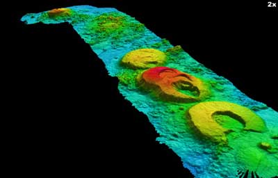 Perspective view of the Vance Seamounts, showing nested flat-topped calderas. Vertical exaggeration is 2x. Image © MBARI 1999
