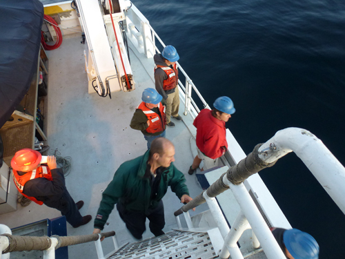 The efforts of many MBARI employees come together to make these missions successful. Pictured: Lance Wardle, Jason Jordan, Shaun Summer, Andrew McKee, and Mark Talkovic.