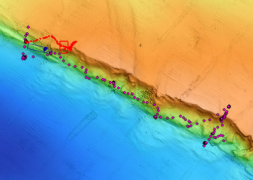 This map shows the high-resolution bathymetry of the seafloor in the area we explored today. A 50-meter-high (164-foot-high) scarp marks the main boundary between the Pacific Plate on the lower left shown in blue shades and the North American Plate on the upper right shown in orange/yellow shades. The image was produced by processing the AUV-collected data with the MB-System program which is maintained at MBARI and brought into ArcMap as a geotiff—an image embedded with spatial referencing information. The ROV's dive track, shown in red and pink dots, is updated in real time in one-minute intervals from ArcMapNav. The R/V Western Flyer's position is in blue. This invaluable real-time tracking tool enables us to explore these dynamic features of the seafloor.