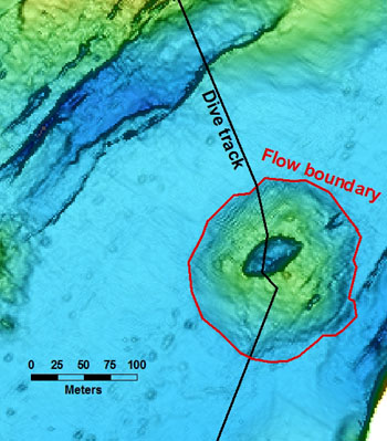 The map shows a possible flow boundary located on the AUV map. With the remotely operated vehicle (ROV) we could see that the lobate pillows of the small cone lie on top of the large sheet flow.