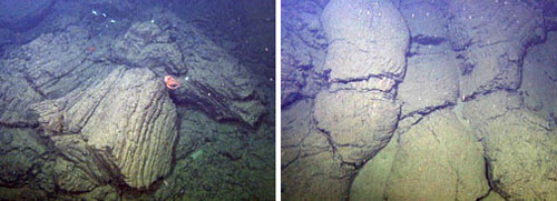 Two frame grabs from the ROV video camera as we explored around a seamount covered in pillow lava and fields of basalt rubble.