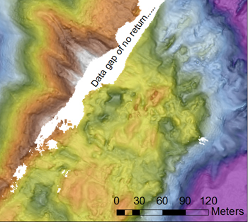 Map of AUV survey of the silicic dome, showing the large white data gap that was a shear cliff several meters high.