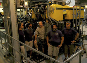 Thank you to our ROV pilots for doing excellent work this week on a truly interdisciplinary cruise! They exhibited expert skill flying the ROV and great patience with the scientists interested in collecting rocks, clams, mud, worms, vibracores, chemical and heat measurements, and more. From left, Mark Talkovic, Bryan Schaefer, Knute Brekke, Eric Martin, and Randy Prickett.