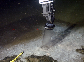 The ROV's manipulator arm taking a push core sample in the middle of a large white bacterial mat.