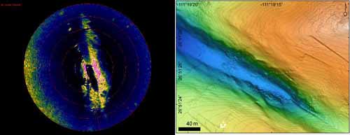 When the ROV was down in the fault trough, we could compare the sonar image from the ROV (left) with maps made from data collected by the autonomous underwater vehicle (AUV) D. Allan B (right). The alignment of the two images was nearly perfect.