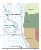 Three chains of near-ridge seamounts off Oregon and California: Vance, President Jackson, and Taney Seamounts Map © MBARI 2000