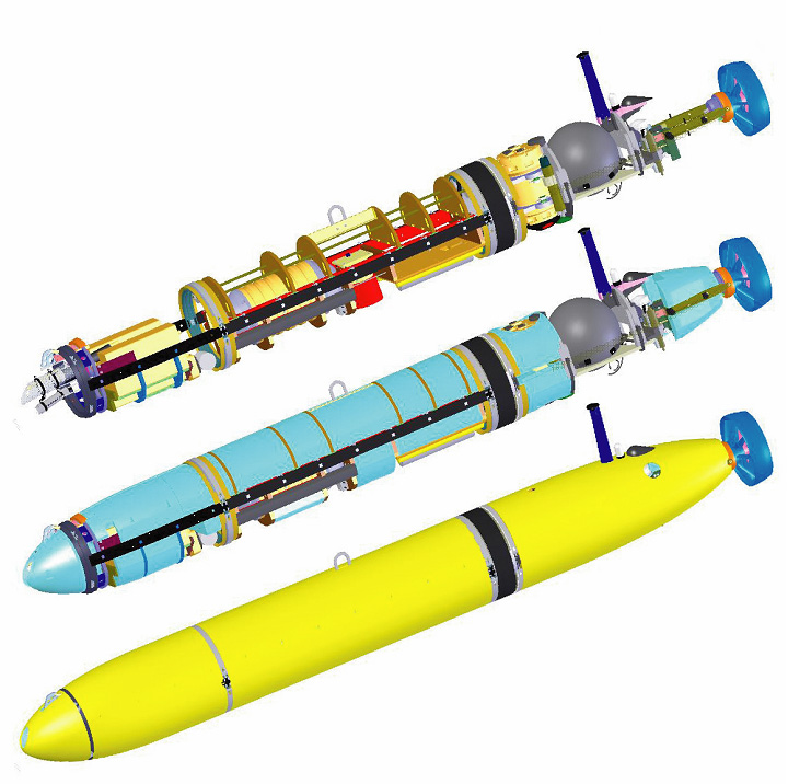 Computer-Aided-Design (CAD) drawing of the batteries, sensors, and computers assembled in the interior (top), surrounded with syntactic foam for flotation (middle), and encased in the plastic outer fairings (bottom). © MBARI 2006