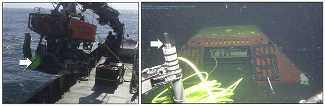 Figure 1. Hydrophone deployment. ROV Ventana held the system on the front shelf of a tool sled (arrow in picture at left) for its ride down to the MARS node at nearly 900 m depth. The arrow in the picture at right shows the hydrophone protruding from its tripod base that was placed 70 meters from the MARS node after spooling out its coil of cable.