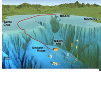 A 3-D perspective of the MARS observatory site on Smooth Ridge, at the edge of Monterey Canyon. MBARI sits at the head of the canyon, about 23 miles away from the MARS site. This deep-water site is close enough to shore so that scientists can install or modify test instruments without spending days or weeks at sea. Image: David Fierstein ©2004 MBARI.