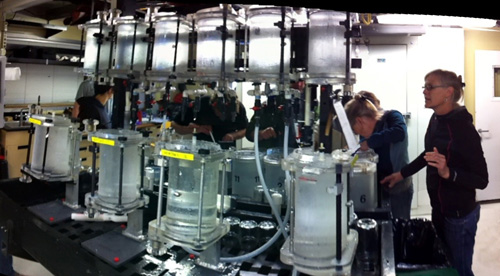 We filled 12 detritus samplers (in foreground) and 12 suction sampler buckets (background). Lynne Christianson checks the sample log as the science team quickly takes the animals out of the samplers to put in the dark cold room.