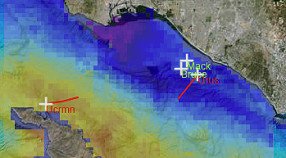 satellite image shows temperature of the ocean in and around San Pedro Bay on April 2, 2014