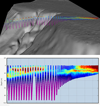 These images show two views of data collected by an underwater glider during late March, 2014. The zig-zag line shows the path of the glider as it traveled across San Pedro Bay and over deeper water offshore (to the left); the vertical scale is enlarged in the lower image. The colors of the line represent different concentrations of chlorophyll. The deep-red patch near shore (upper right) indicates high chlorophyll concentrations associated with an algal bloom. Image: © 2014 MBARI