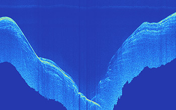 This image was created with the AUV's subbottom profiling sonar. It shows layers of sediments draping the walls of the inner Monterey Canyon. David Caress © 2005 MBARI