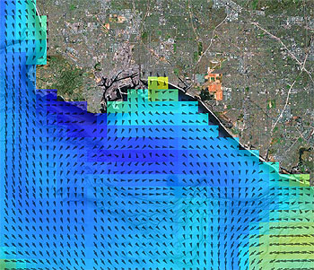 This image shows a forecast of the temperature of surface waters (blue and yellow shading) and currents (black arrows) made by the Regional Ocean Modeling System (ROMS) computer model during the ECOHAB experiment. Similar models may eventually be able to forecast the locations of harmful algal blooms. Base image: Google Maps