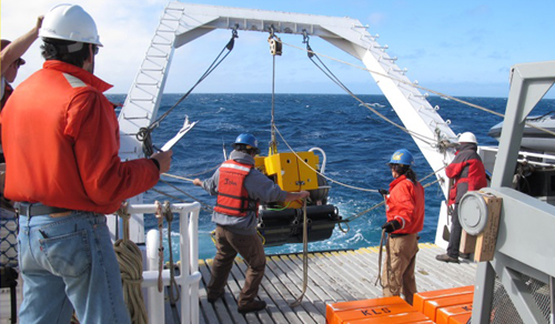 Even though the weather is building, the R/V Western Flyer crew is highly skilled in deploying precision monitoring instruments, and everything runs smoothly.