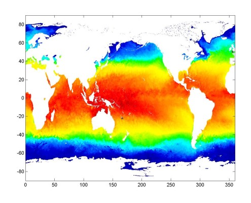 Figure 2. Sea surface temperature on January 1, 2007 and sites from which Micromonas genome strains were isolated (shown by black circle). This figure shows daily 9 km optimally interpolated SSTs from NASA's TRMM TMI, AQUA AMSR-E, and AQUA MODIS SST. (Provided by C.L. Gentemann).