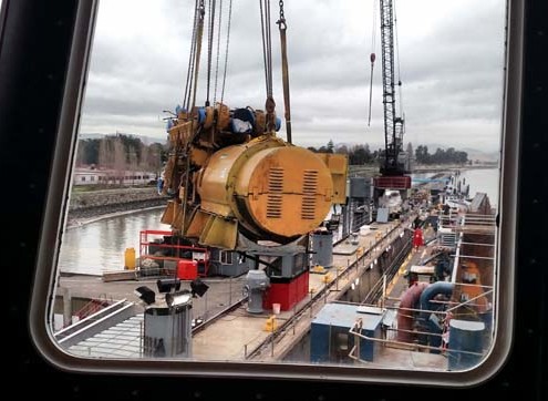 View from the bridge of the engine being lifted away from the Western Flyer.