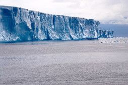 A very large iceberg (labeled A-52) in the Weddell Sea. This iceberg was about 5km wide and 21 km long. Researchers found zones of abundant marine life around both large icebers such as this one and around a smaller iceberg that was only a few kilomters across.