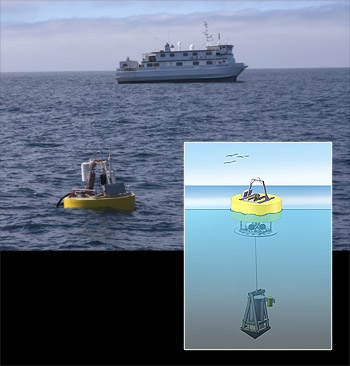 This photo shows MBARI's research vessel Western Flyer near the float supporting the drifting Environmental Sample Processor that was used to collect marine microbes during MBARI's 2010 CANON experiment. The illustration (inset) shows the yellow ESP float with the ESP pressure housing suspended in the water beneath it. Image: © 2013 MBARI