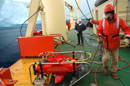 Researcher Ken Smith led an expedition to study Antarctic icebergs using a multidisciplinary approach that included examining life beneath the icebergs using this small remotely operated vehicle.