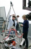 Dr. Edith Widder and Ph.D. student Erika Raymond examine an early version of the Eye in the Sea before a brief deployment in Monterey Bay in 2003. Image: Kim Fulton-Bennett, ©2003 MBARI.