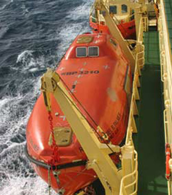 One of two closed-top lifeboats on the Nathaniel B. Palmer. Each lifeboat can hold the complete capacity of the ship (70 people). Photo by Ron Kaufmann.