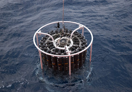 A CTD (conductivity, temperature, depth) rosette is lowered into the water. The Niskin bottles arranged in a carousel are secured open and then closed electronically at depth.